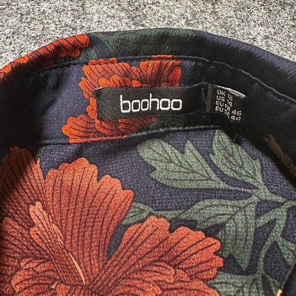Boohoo Shirt Dress 14 Long Sleeve Floral Artsy Unique Collared Button Front - Picture 13 of 14